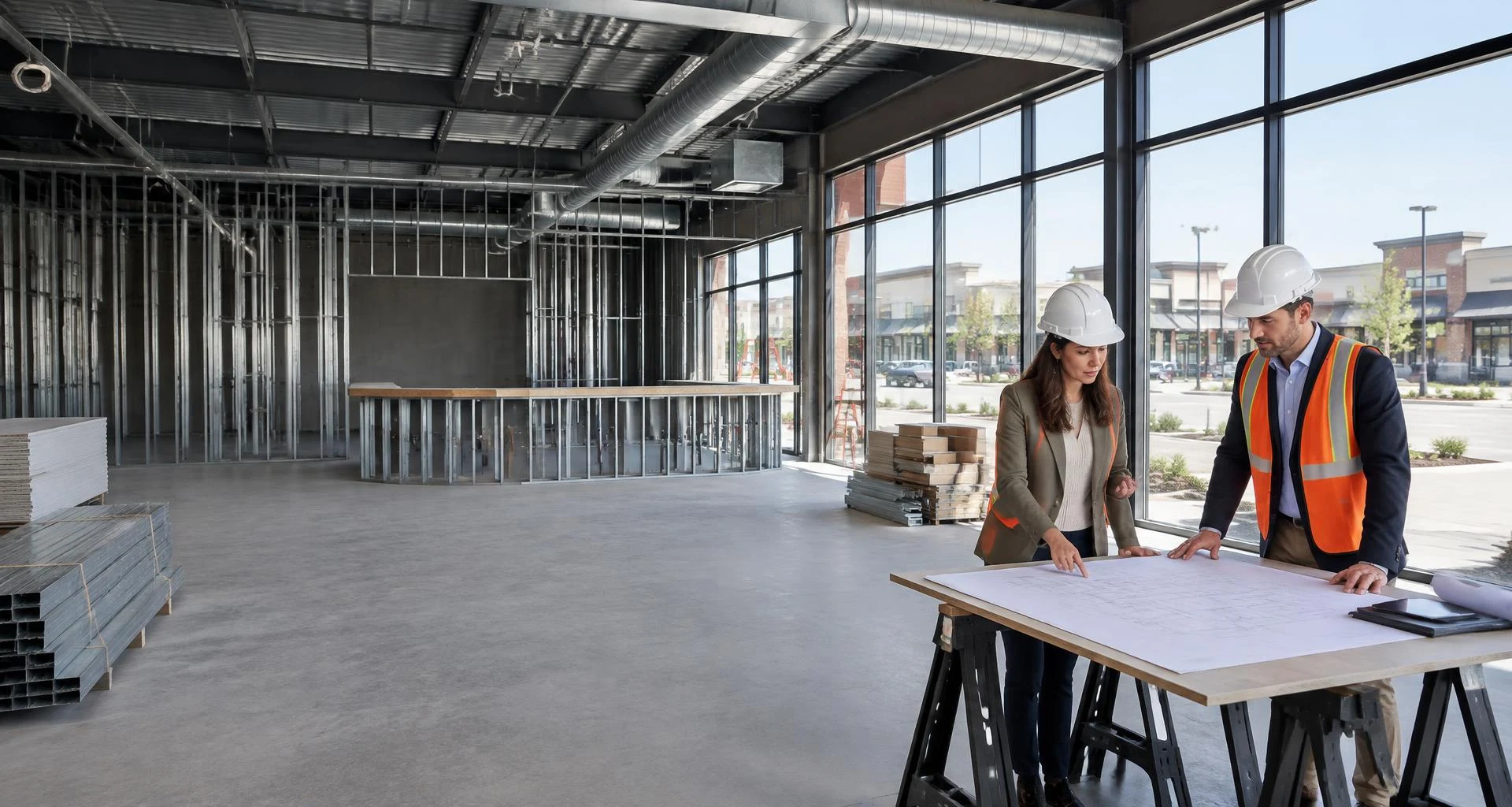 Illustrative retail fit-out scene: a business tenant and property representative review plans inside an unfinished commercial space with storefront glazing and metal studs