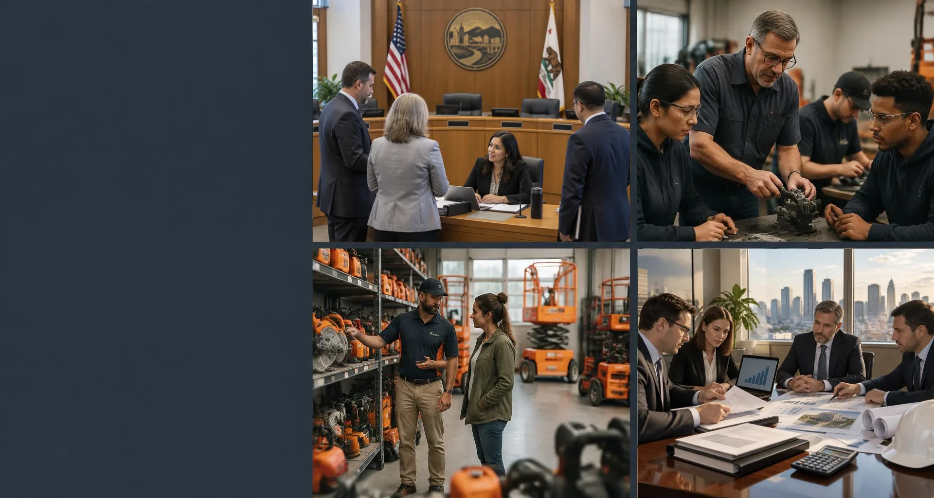 Illustrative collage of four scenes: professionals meeting with staff in a city council chamber with American and California flags, an instructor mentoring apprentices in a training workshop, a rental-facility staff member helping a customer among tools and lifts, and lenders and a developer reviewing construction financing documents