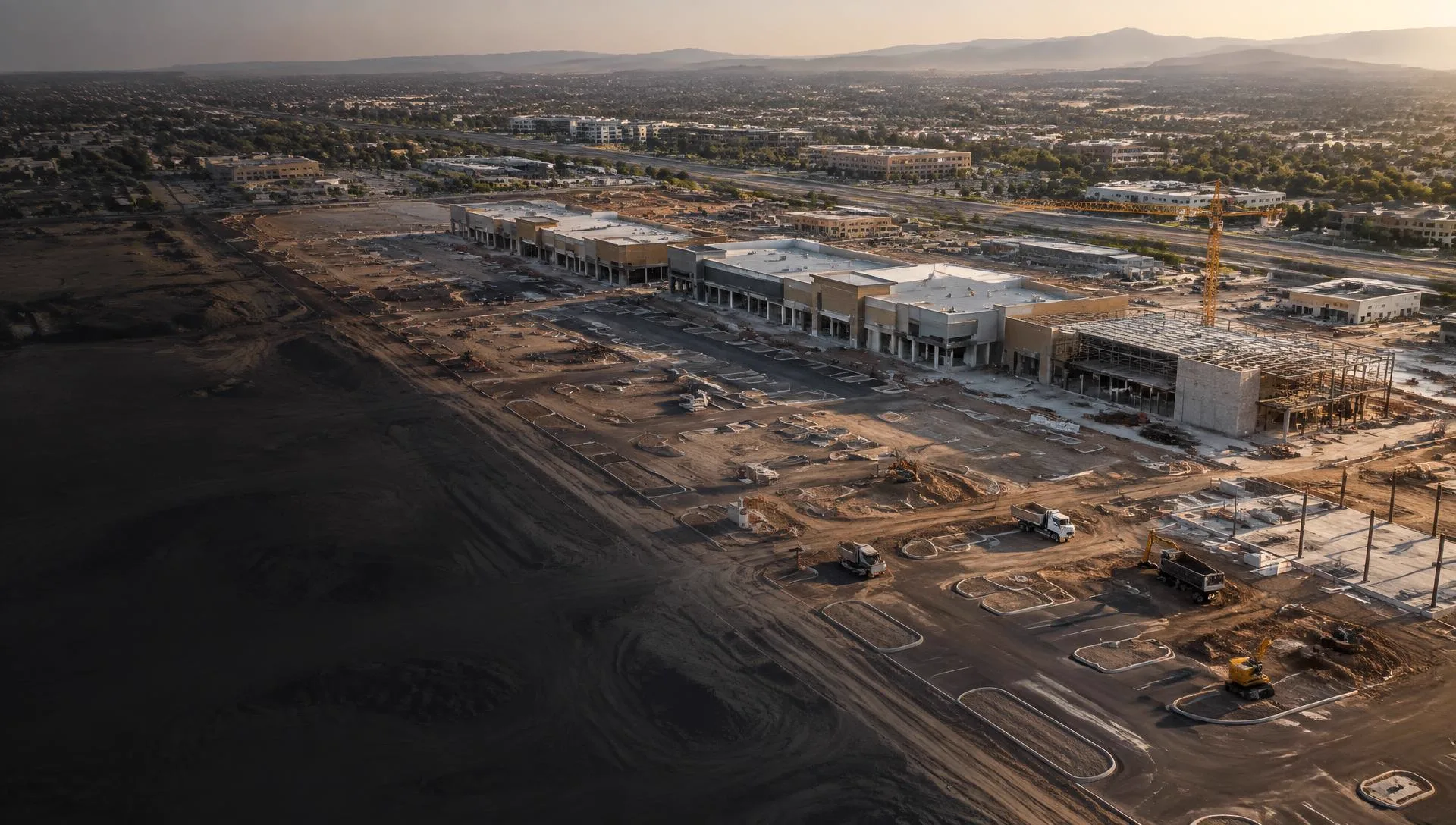 Illustrative aerial view of a large retail shopping center under construction, with storefront shells, commercial pads, parking and equipment, set among offices, neighborhoods and roads in a Southern California valley