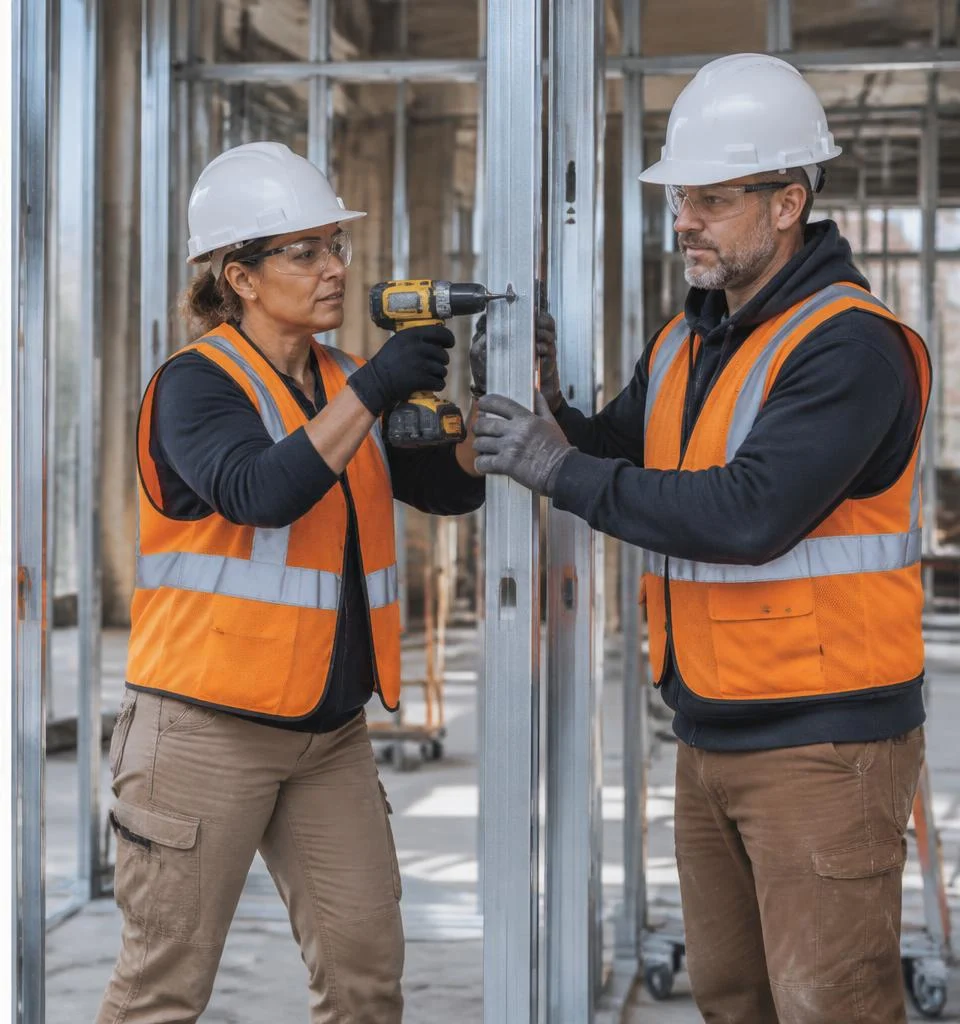 Illustrative civilian veterans installing commercial metal framing with hard hats, safety glasses, gloves and high-visibility vests; fictional people, not Empower America participants