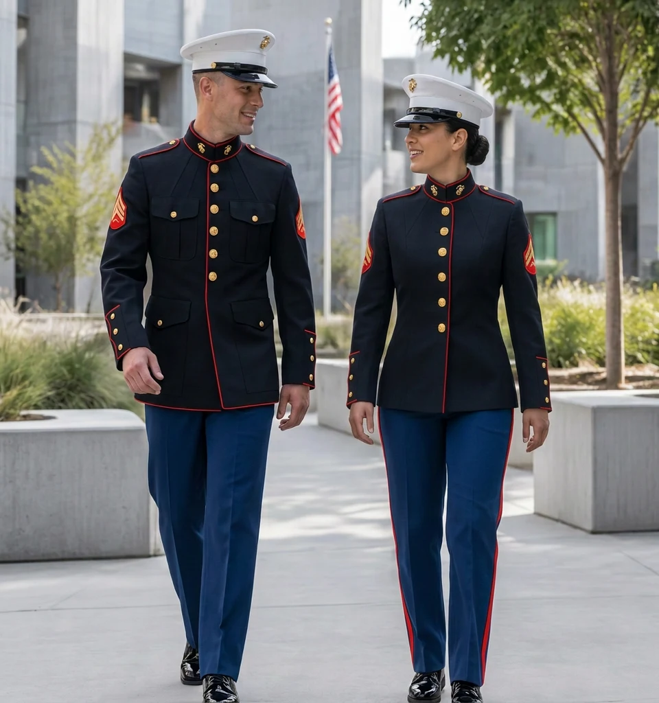 Illustrative Marines in dress blues in a professional courtyard setting with a restrained American flag, representing military service; fictional people, not Empower America participants