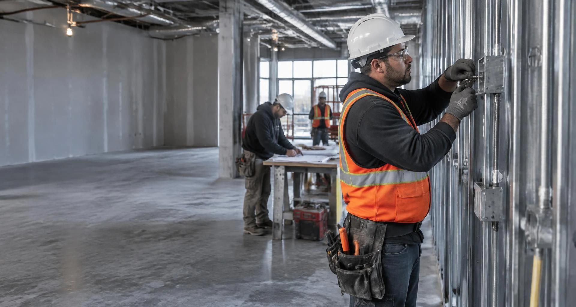 Illustrative commercial retail construction scene: an electrician fitting conduit at metal studs while a trade crew reviews plans inside an unfinished retail space